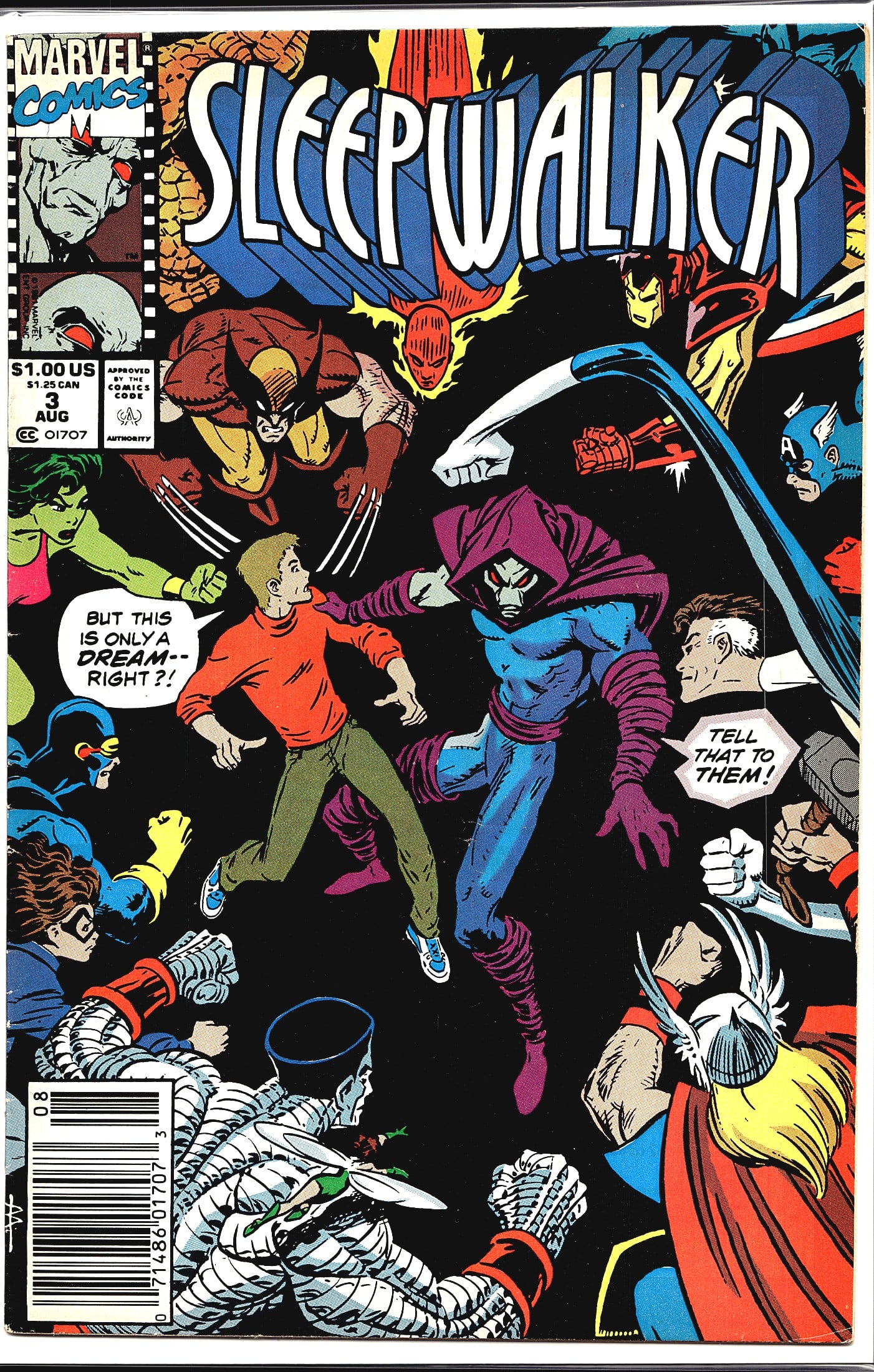 1991 Marvel Comics Sleepwalker #3 Comic Book: Sleepwalker #3, published by Marvel Comics in August 1991, priced at $1.00 US / $1.25 CAN. This issue features a dynamic cover showcasing Sleepwalker alongside the host Rick Sheridan, surrounded by a 