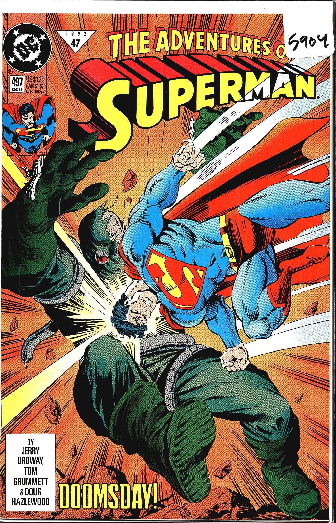 1992 DC Adventures of Superman #497 Comic: This is Adventures of Superman #497, published by DC Comics in December 1992, part of the landmark 'Doomsday!' storyline. The cover features Superman in a dramatic battle against Doomsday, illustrated