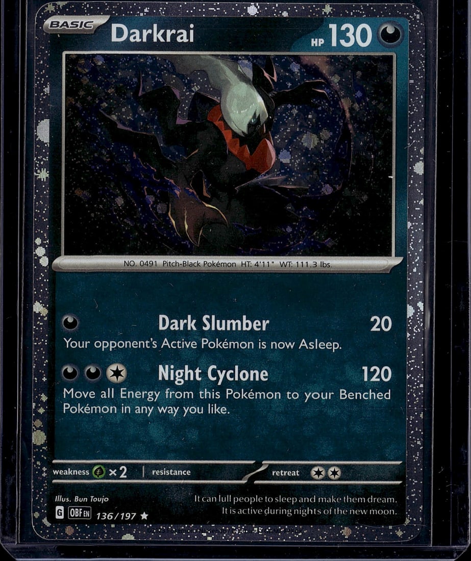 Darkrai 136/197 Dark Explorers Pokemon Card: This is a raw Darkrai Pokemon card from the Dark Explorers set (Card #136/197). Darkrai is the iconic Pitch-Black Pokemon, NO. 0491, standing 4'11" and weighing 111.3 lbs. The card features excellent