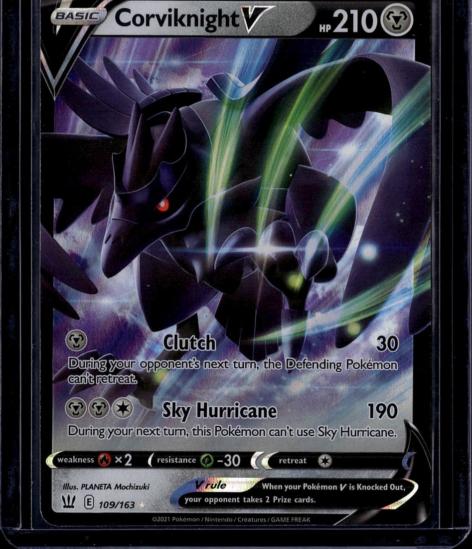 2021 Pokemon Sword & Shield Battle Styles: Corviknight V is a Basic Metal-type Pokemon V card with 210 HP from the Sword & Shield: Battle Styles expansion. It is classified as a Holo Ultra Rare and features two attacks: Clutch (30 damage,