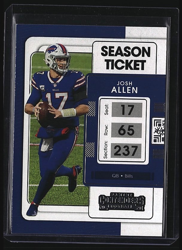 2021 Panini Contenders Josh Allen Season Ticket: Raw single of Buffalo Bills quarterback Josh Allen from the 2021 Panini Contenders set, card number 10. The card features Allen in his Bills uniform and includes the distinctive Season Ticket design