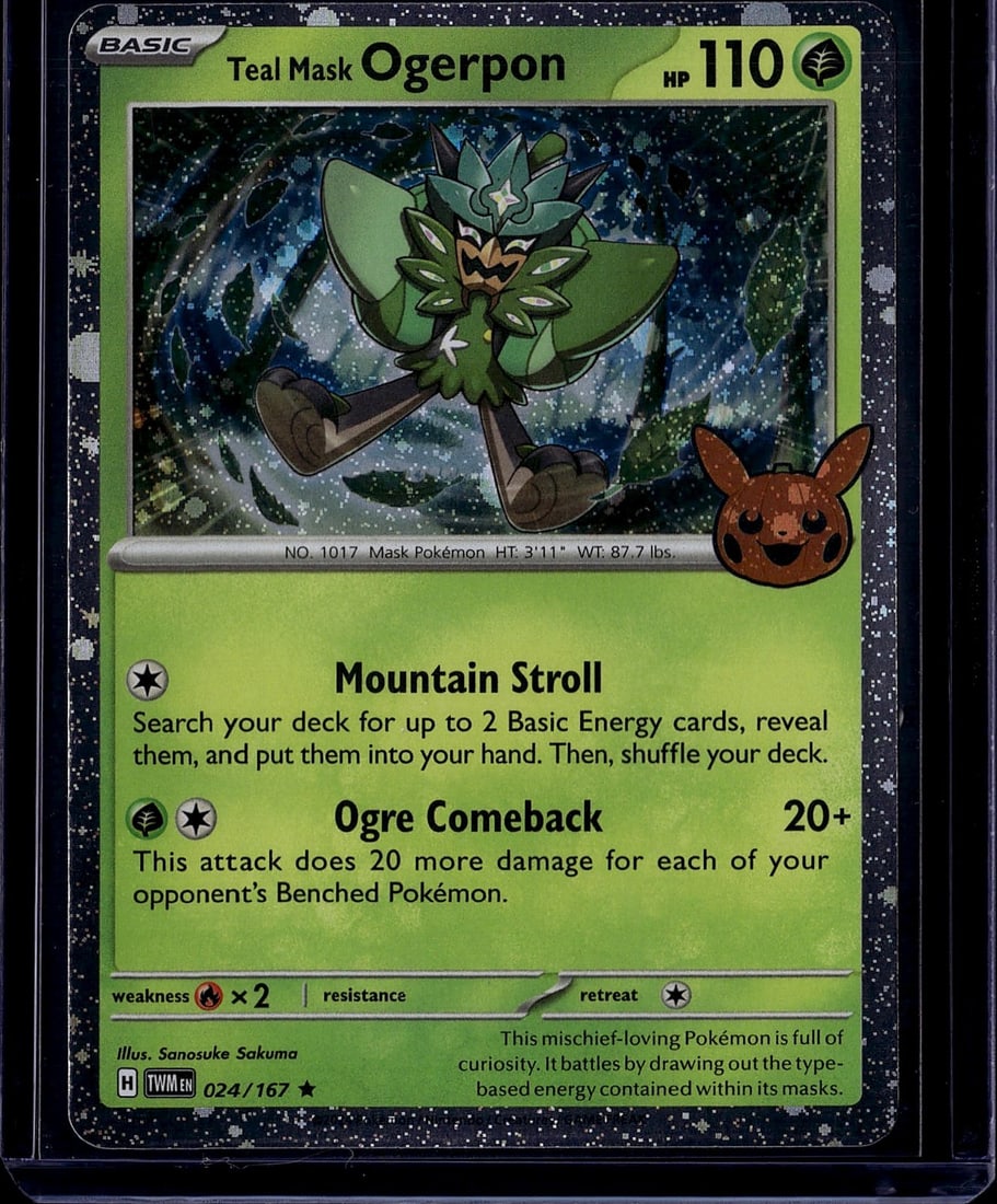 Teal Mask Ogerpon 024/167 Pokemon Card - HP 110: This is a raw Teal Mask Ogerpon Pokemon trading card from the Scarlet & Violet set, card number 024/167. Ogerpon is a Grass-type Basic Pokemon with 110 HP, illustrated by Sanosuke Sakuma. The card
