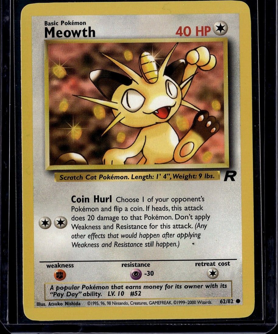 Meowth Base Set 62/82 Pokemon Card 1999 Wizards: This is an authentic Meowth Pokemon trading card from the classic 1999 Base Set, card number 62/82. As a Basic Pokemon with 40 HP, Meowth features the iconic Scratch Cat artwork by illustrator Atsuko