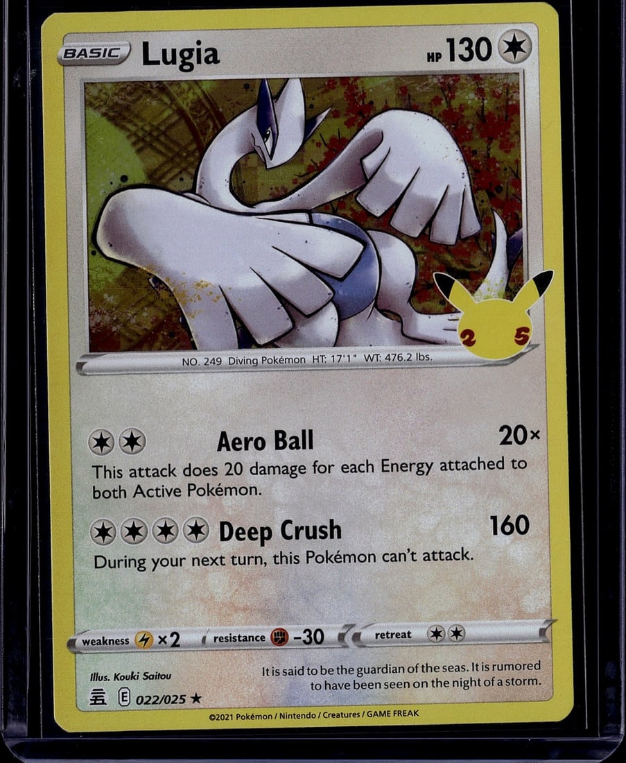 Lugia 022/025 Chilling Reign Pokemon Card 2021: This is a raw Lugia Pokemon Trading Card from the 2021 Chilling Reign expansion set, card number 022/025. Lugia is a legendary Diving Pokemon with 130 HP, illustrated by Kouki Saitou. The card