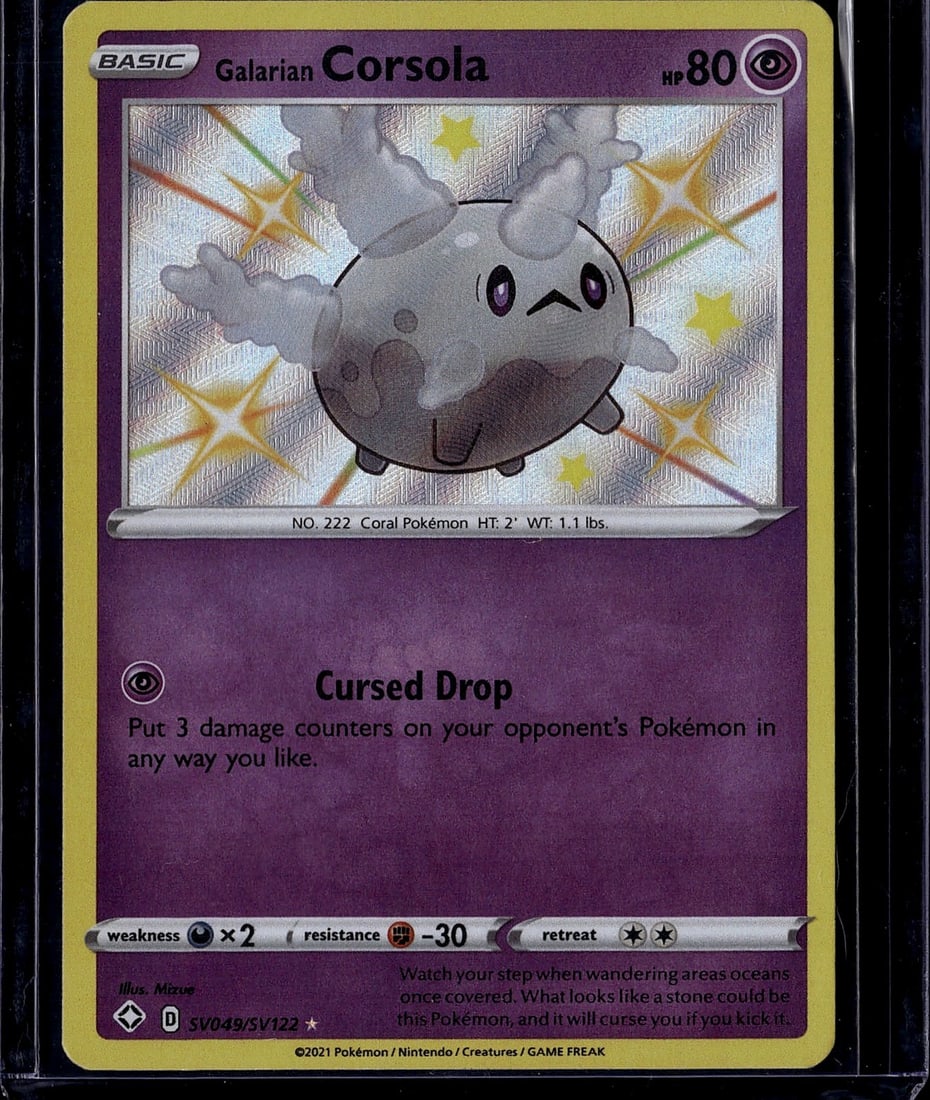 2021 Pokemon Shining Fates Shiny Vault Galarian: This is a 2021 Pokemon Trading Card Game Galarian Corsola card from the Sword & Shield expansion set, numbered #222. Galarian Corsola is a Basic Psychic-type Coral Pokemon with 80 HP featuring the