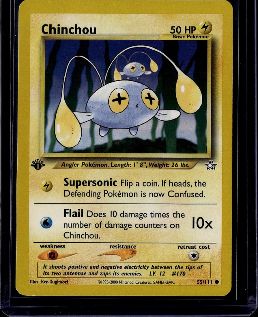2000 Neo Genesis Chinchou 55/111 Pokemon Card: This is an original Chinchou Pokemon trading card from the classic Base Set era, released in 2000 by Nintendo and The Pokemon Company. Card number 55/111, this Basic Electric-type Pokemon features