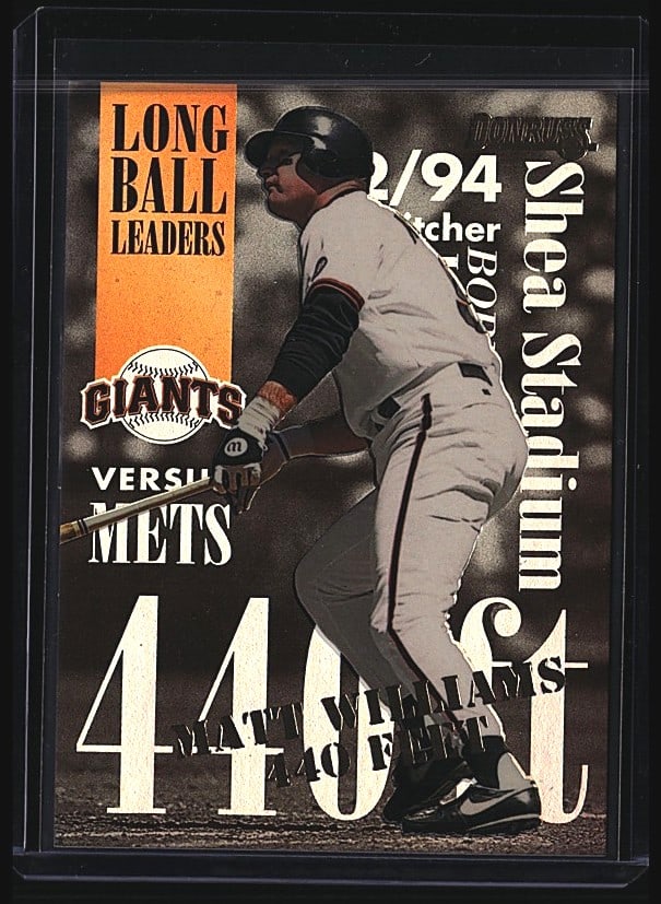 1994 Donruss Long Ball Leaders Matt Williams #4: 1994 Leaf Matt Williams baseball card featuring the San Francisco Giants player. Raw single in near mint condition showing Matt Williams at bat in Giants uniform. This vintage 1994 Leaf issue is a cla