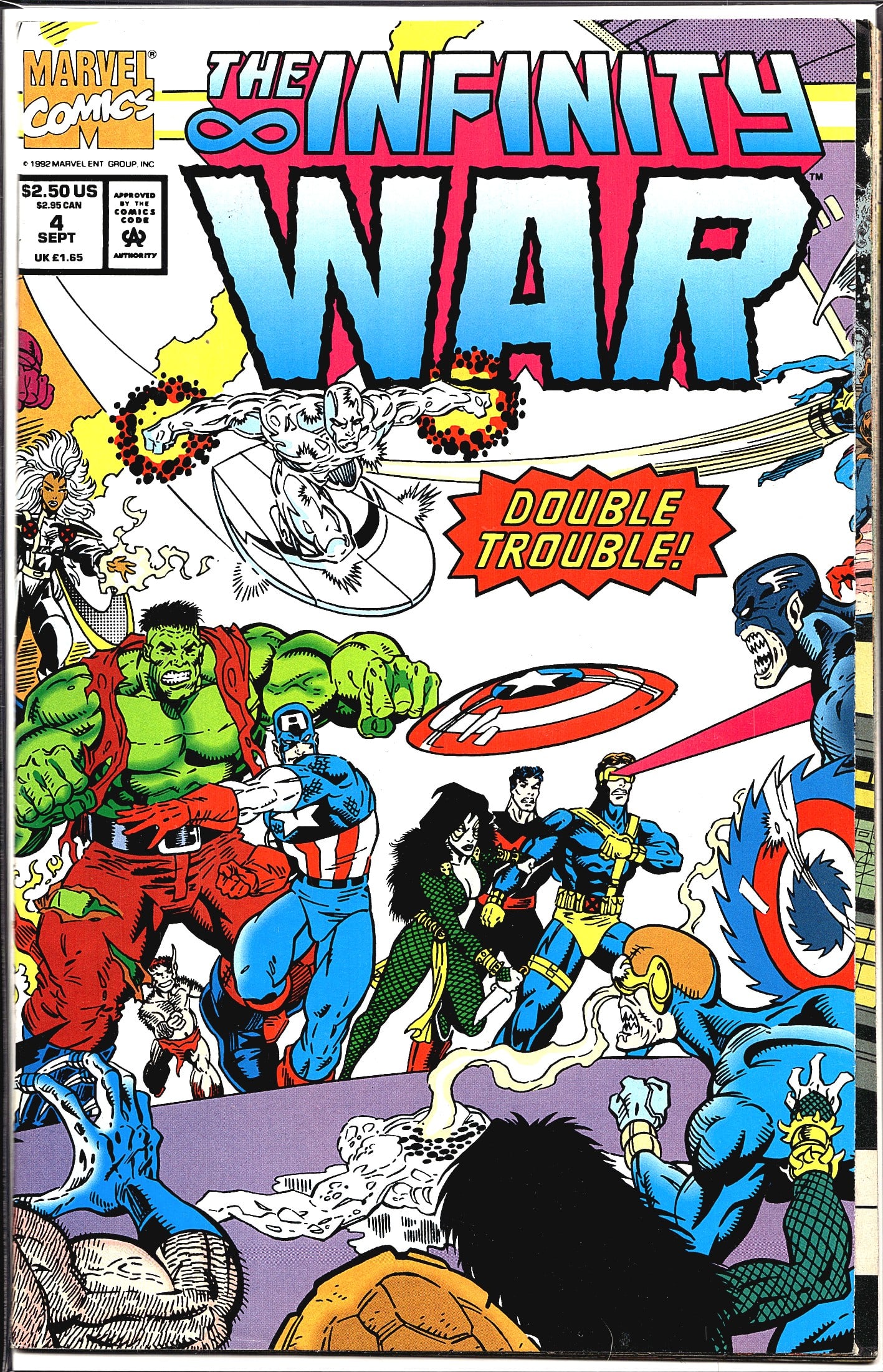 1992 Marvel Comics The Infinity War #4 Comic Book: This is issue #4 of Marvel Comics' The Infinity War, published in September 1992 and priced at $2.50 US at the time of release. The cover is subtitled 'Double Trouble!' and features a dynamic battle s