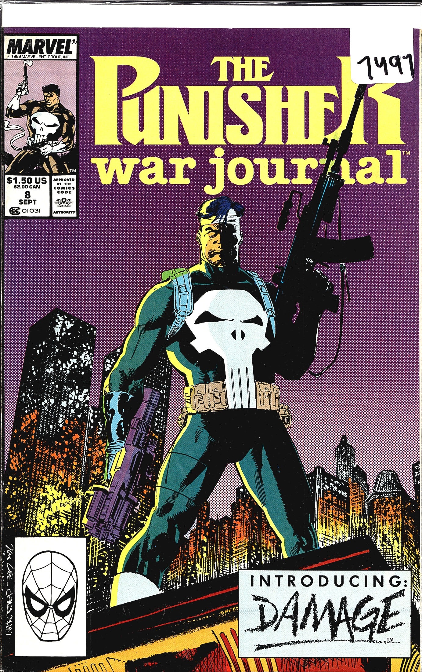 1989 Marvel The Punisher War Journal #8 Comic: This is issue #8 of The Punisher War Journal, published by Marvel Comics in September 1989, priced at $1.50 US / $2.00 CAN. The cover features the Punisher standing in a dramatic cityscape pose, armed