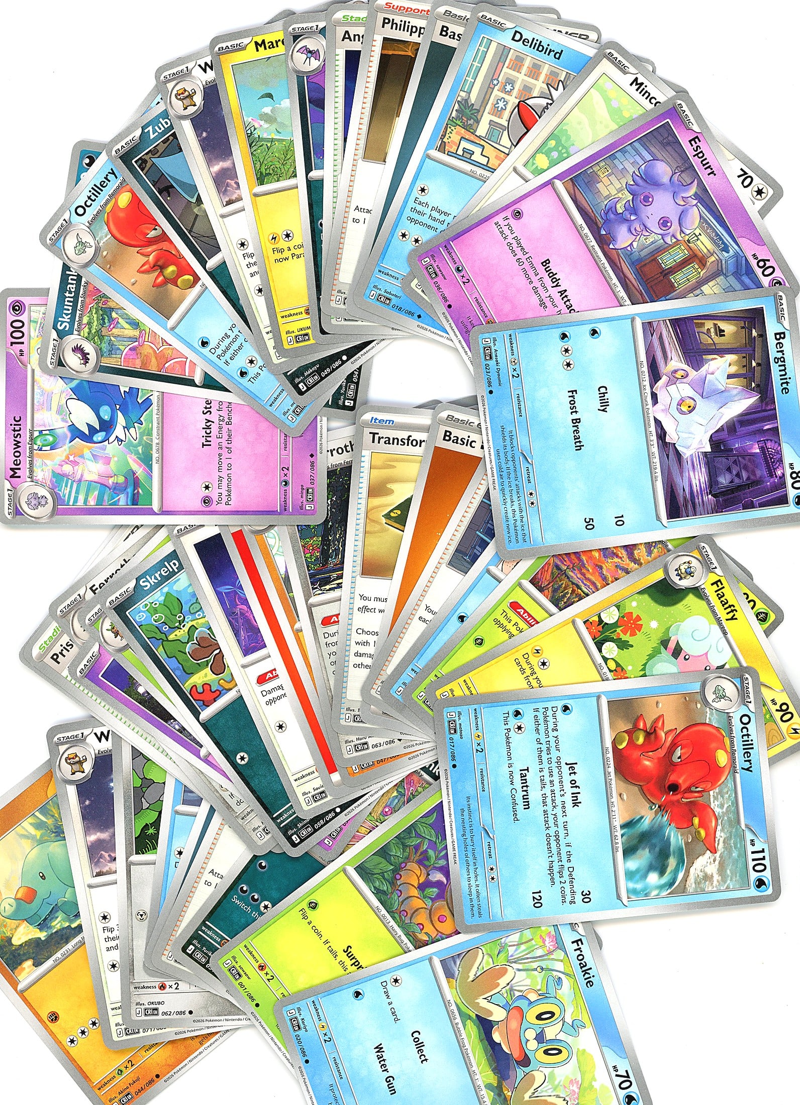 Large Lot Modern Pokemon Cards Trading Cards TCG: This lot contains approximately 40-50 modern-era Pokemon trading cards, featuring non-holographic cards. The collection includes character cards, trainer cards, and energy cards from recent expansions