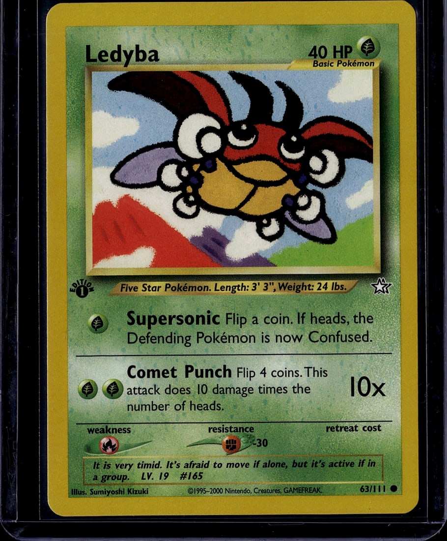 Ledyba 63/111 Base Set Pokemon Card 2000: This is an authentic Ledyba Pokemon trading card from the Base Set, published by Nintendo in 2000. Card number 63/111, this Basic Grass-type Pokemon features the original artwork by Sumiyoshi Kizuki.