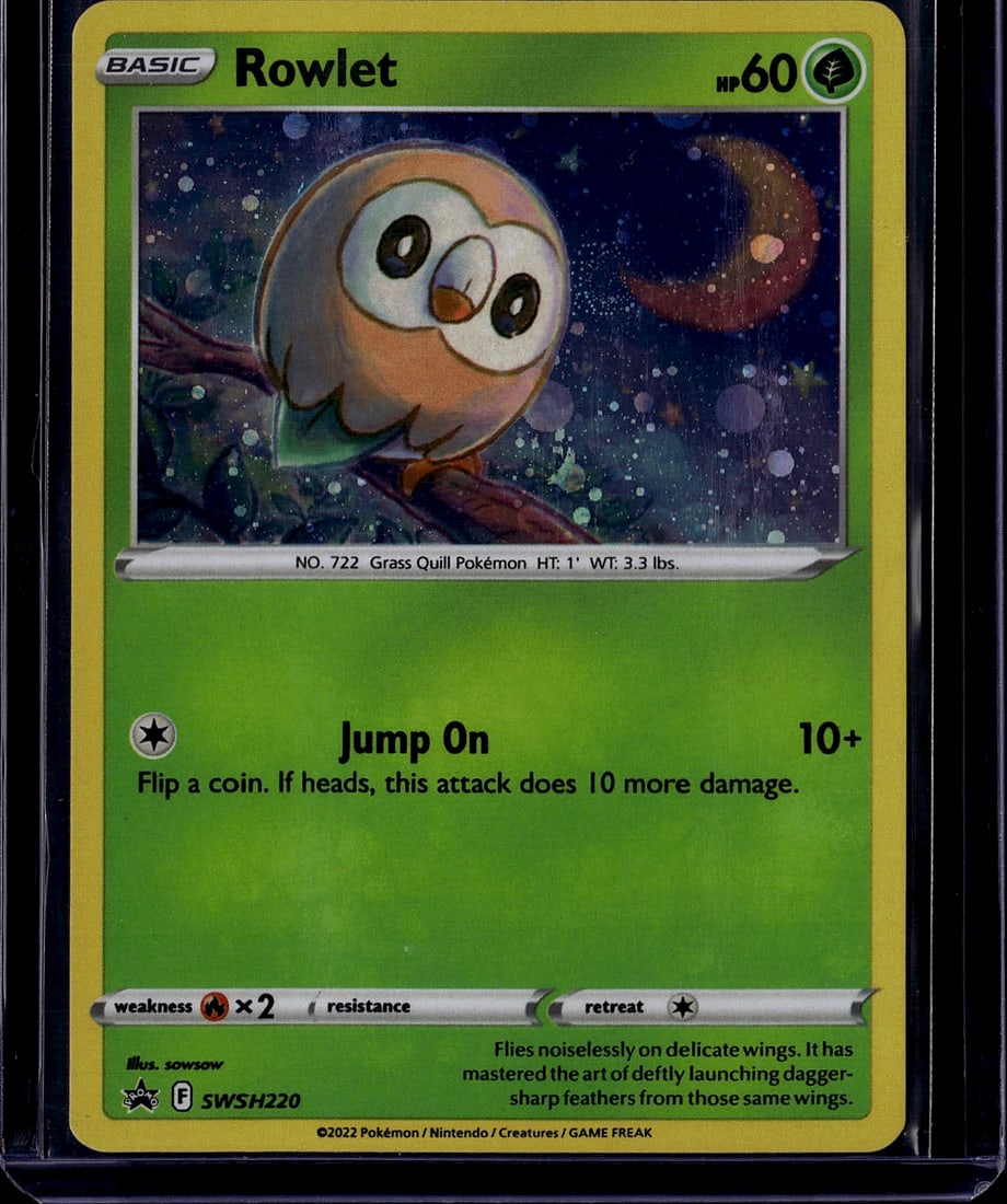 2022 Pokemon Rowlet SWSH Black Star Promo: Rowlet SWSH220 is a Grass-type Basic Pokemon holo promo card with 60 HP and the 'Jump On' attack. It was released in 2022 as one of three foil promo cards included in the Pokemon TCG Collector Chest