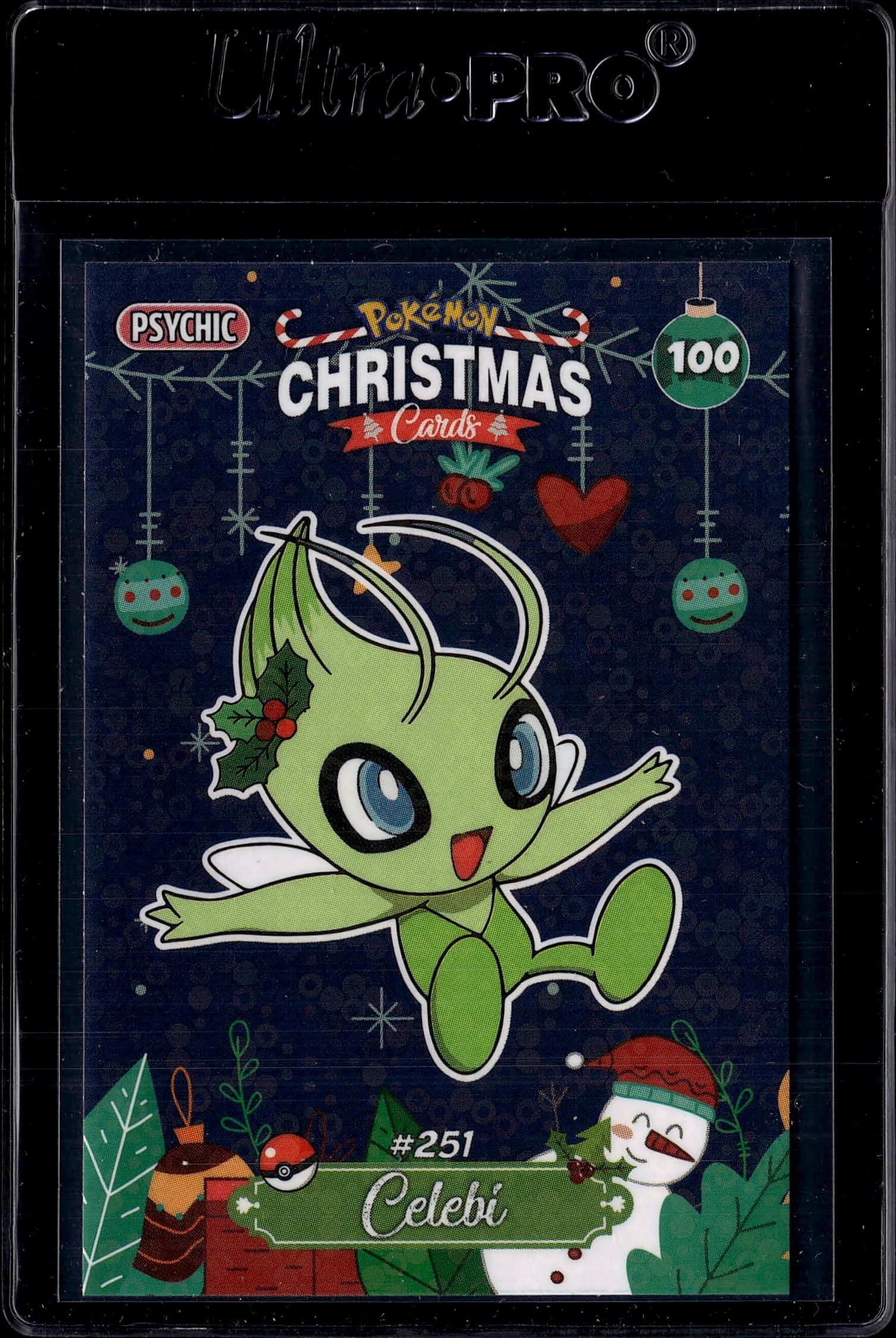 2023 Pokemon Christmas Celebi #251 Psychic 100: This is a stunning Pokemon Christmas Card featuring Celebi (#251), the legendary Psychic-type Pokemon. The card showcases festive holiday theming with a charming Christmas design including ornaments, 