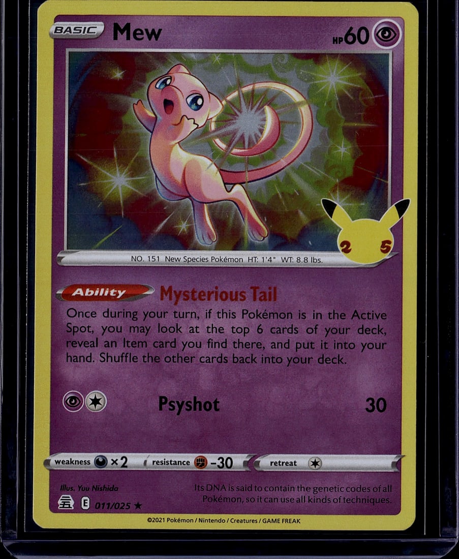 2021 Pokemon Celebrations Mew 011/025 Mint: This is an authentic 2021 Pokemon Trading Card Game Mew Basic card, catalog number 011/025. Mew is NO. 151, a New Species Pokemon with 60 HP and Psychic typing. The card features vibrant artwork by