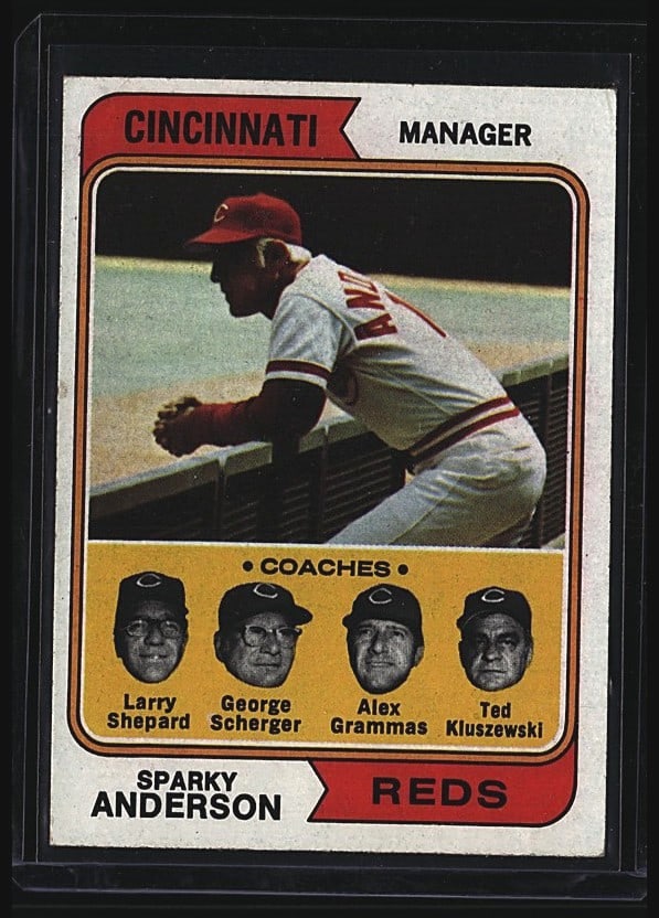 1974 Topps #326 Sparky Anderson Baseball Card: 1980 Topps baseball card #326 featuring Sparky Anderson, manager of the Cincinnati Reds. The card displays Anderson in a fielding pose in his Reds uniform with the red cap visible. The front shows