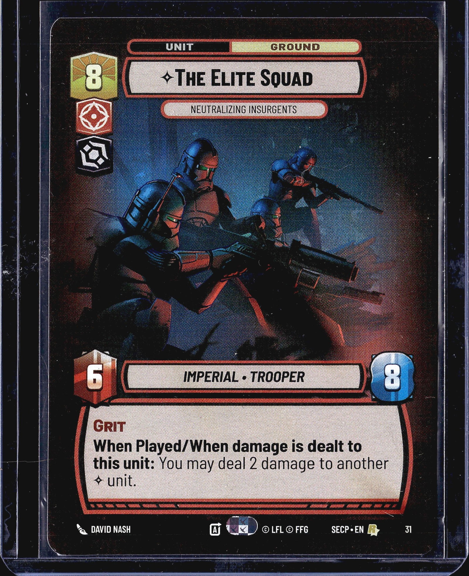 2024 Fantasy Flight Games The Elite Squad: This listing is for The Elite Squad (card #31) from the Star Wars Unlimited trading card game, set Spark of Rebellion (set code SECP). The card is a Ground Unit of the Imperial Trooper type with a