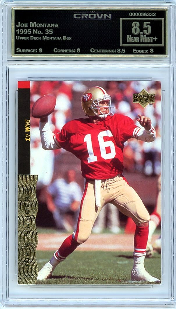 1995 Joe Montana Upper Deck Montana Box #35: This is a 1995 Joe Montana card from the Upper Deck Montana Box set, card number 35. It has been professionally graded and encased in a protective slab by Crown Grading. The card has received a grade 