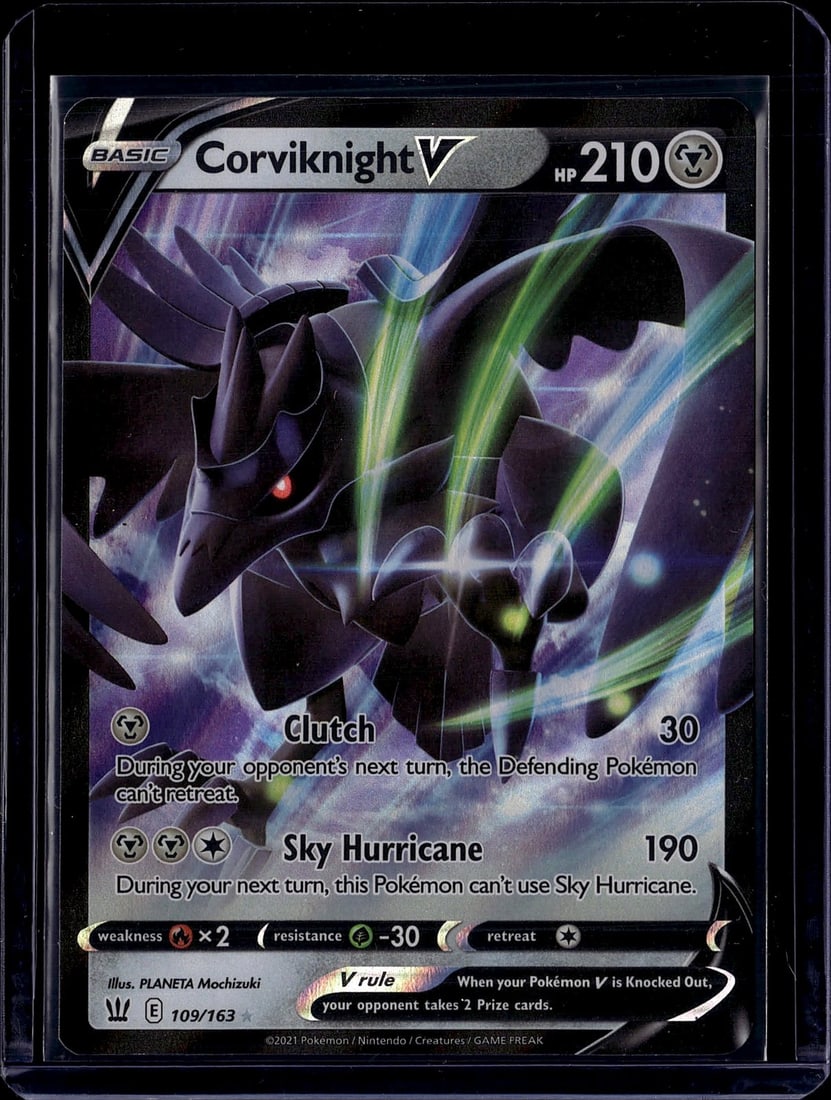 Corviknight V 109/163 Sword Shield Pokemon Card: This is a Corviknight V Pokemon trading card from the Sword & Shield expansion set, card number 109/163. The card features beautiful full-art illustration by PLANETA Mochizuki and showcases