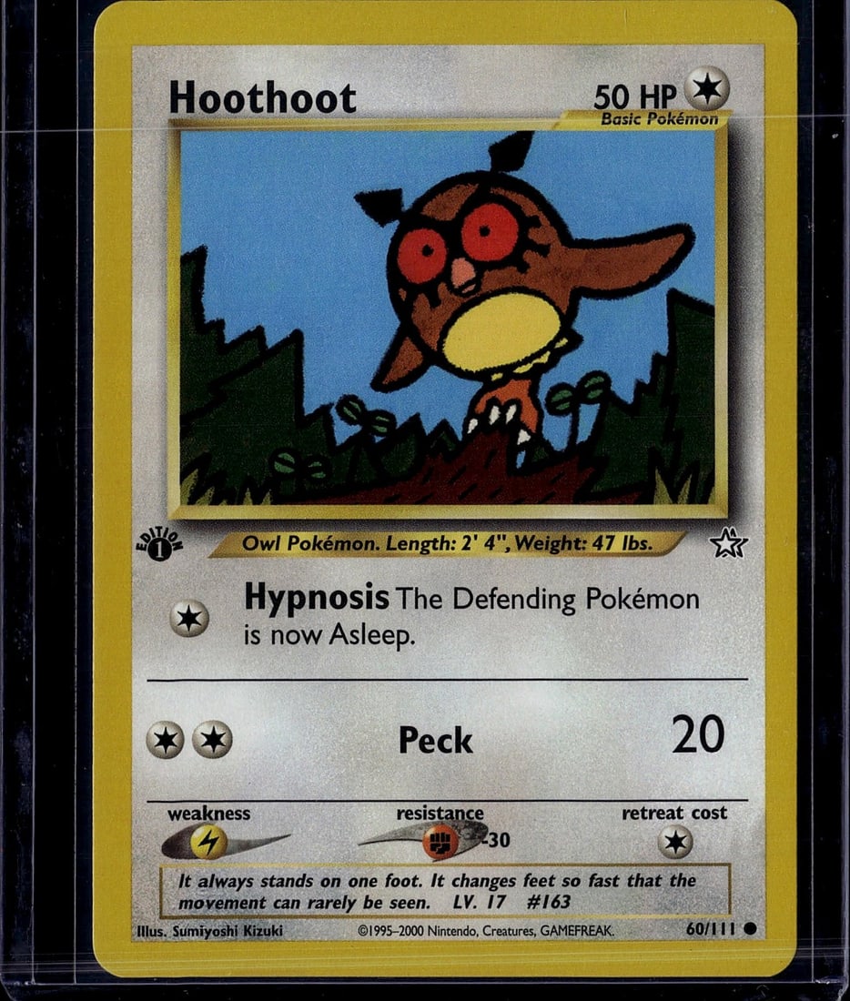 1999 Pokemon Base Set Hoothoot #60/111 Basic Owl: This is an authentic 1999 Pokemon Trading Card Game Base Set card featuring Hoothoot, the Owl Pokemon. The card displays the classic early-generation artwork by Sumiyoshi Kizuki and includes iconic de