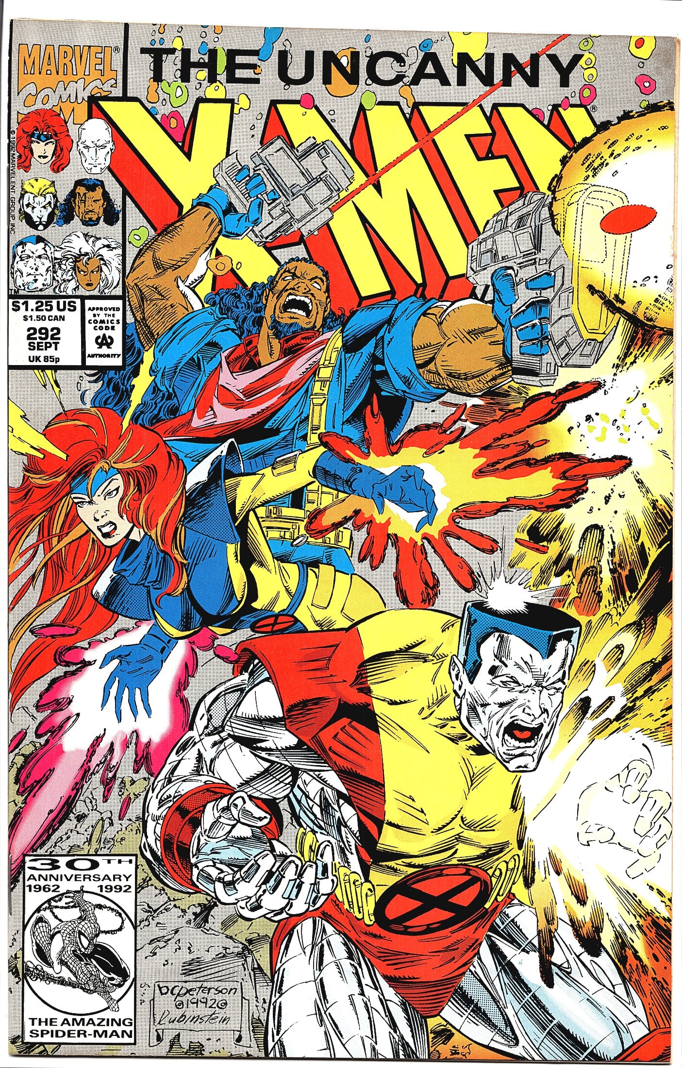 1992 Marvel Comics The Uncanny X-Men #292 Comic: Uncanny X-Men #292 published by Marvel Comics, cover dated September 1992. This issue features dynamic cover art by Brandon Peterson and Rubinstein depicting Colossus, Bishop, and Jean Grey in intense