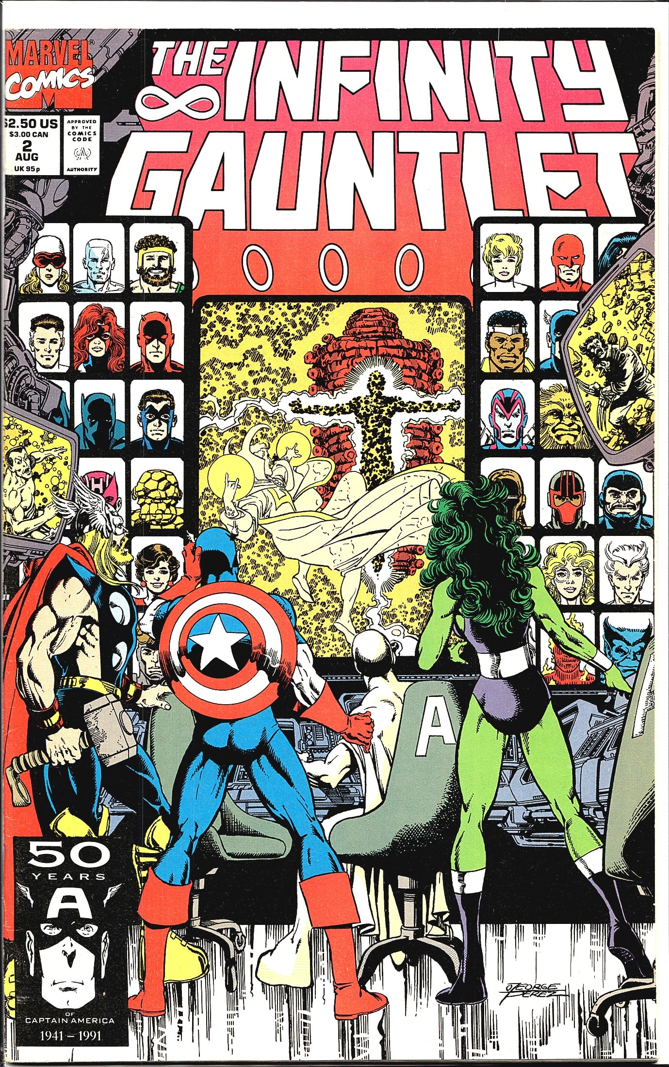 1991 Marvel Comics The Infinity Gauntlet #2: The Infinity Gauntlet #2, published by Marvel Comics in August 1991, priced at $2.50 US. This issue is part of the landmark six-issue limited series featuring cover art by the legendary George Perez,