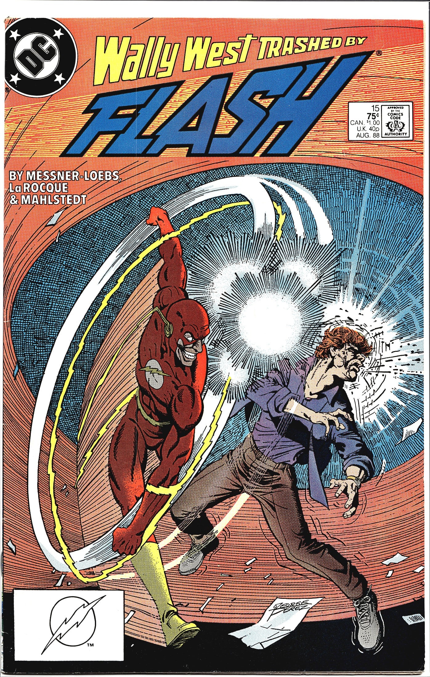 1988 DC Comics The Flash #15 Comic Book: This is Flash #15 from DC Comics, cover dated August 1988, featuring the headline 'Wally West Trashed by Flash.' The creative team listed on the cover includes Messner-Loebs, LaRocque, and Mahlstedt. 