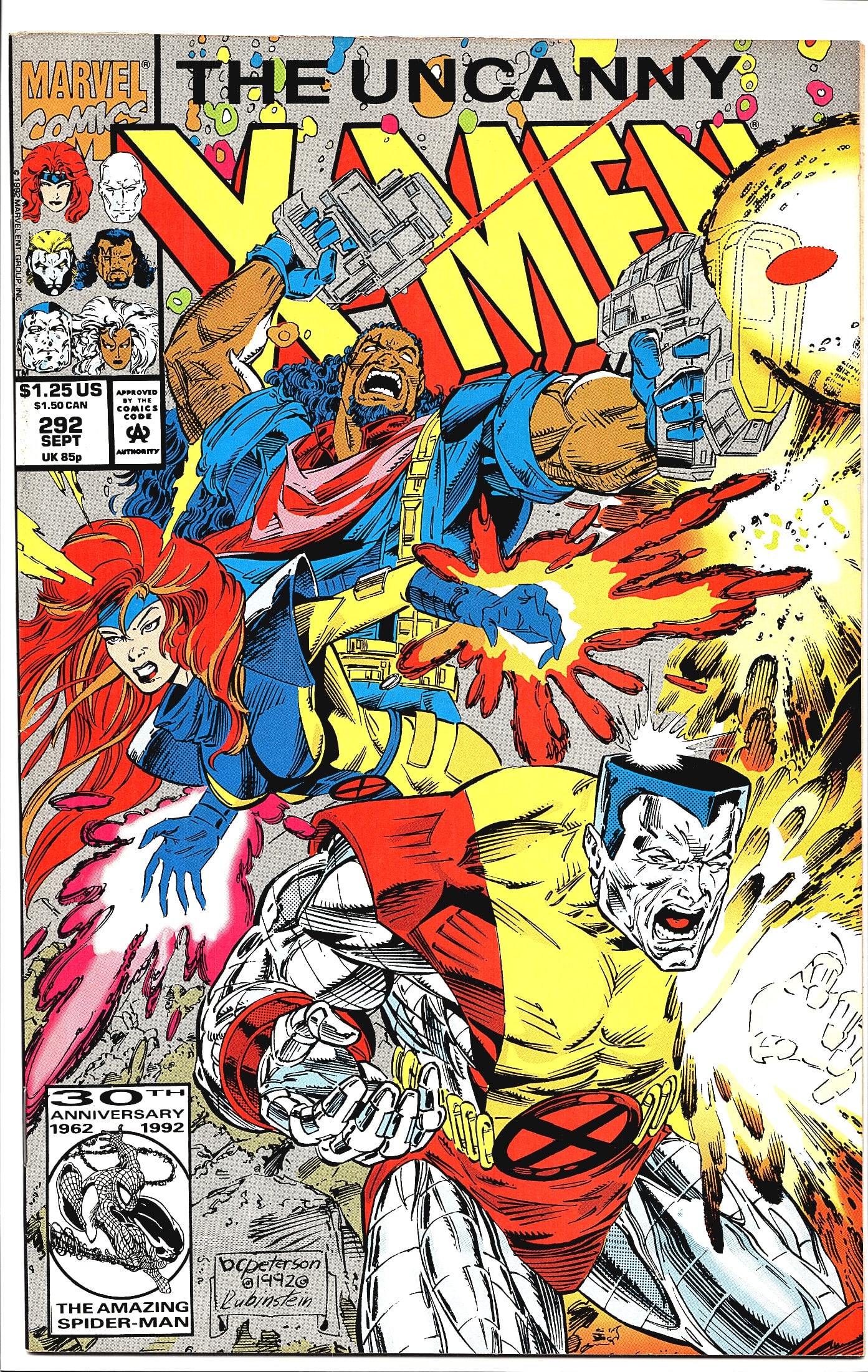 Uncanny X-Men #292 Marvel Comics Sept 1992 30th: This is The Uncanny X-Men #292, published by Marvel Comics, dated September 1992. The cover, illustrated by D.C. Peterson and inked by Lubinstein (as signed on the cover), features a dynamic action sc