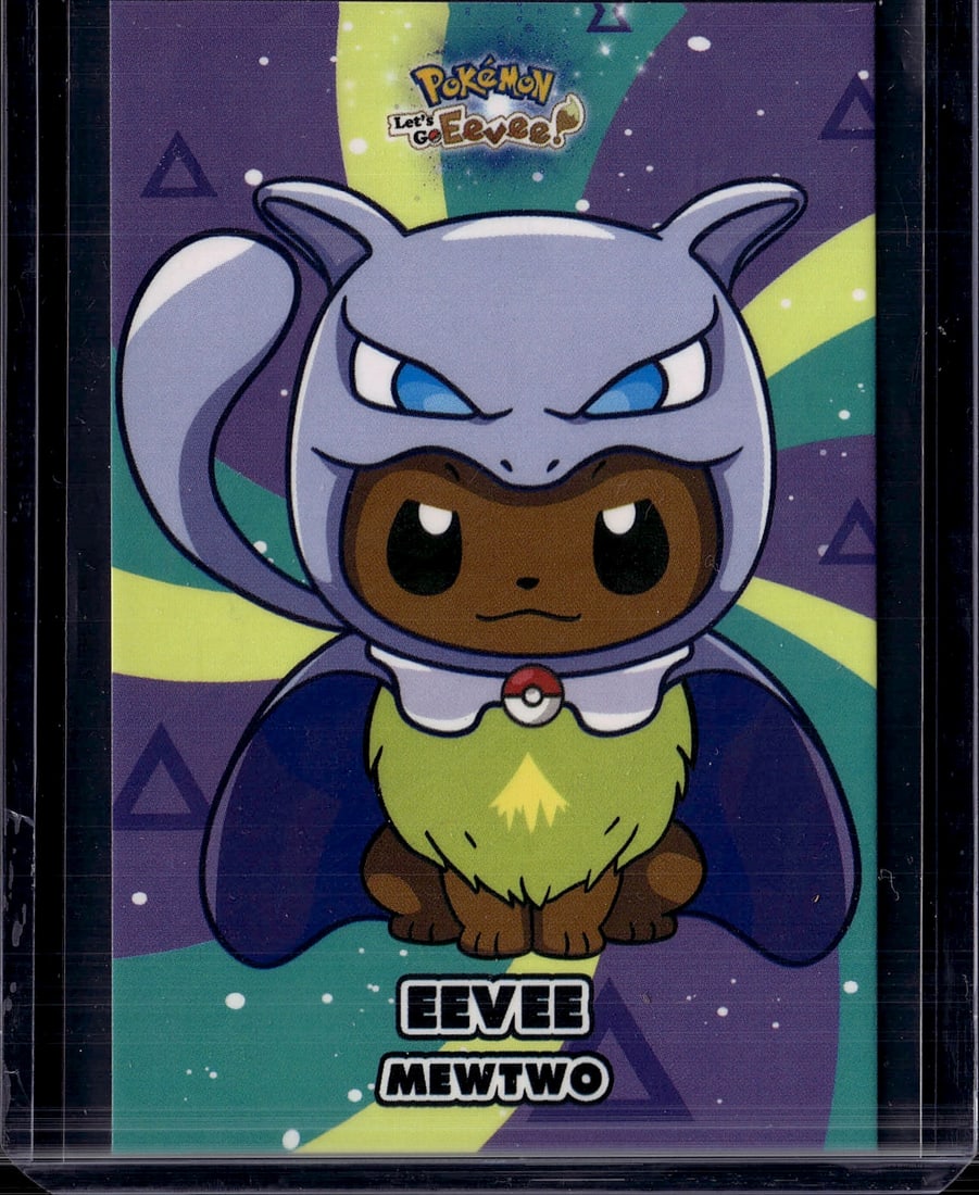 2025 Database Let's Go Eevee Eevee & Mewtwo: A third-party collectible Pokemon card from the Database Let's Go Eevee set, manufactured in Peru in 2025. Features Eevee and Mewtwo in a poncho design with a holo finish (variants include Hearts