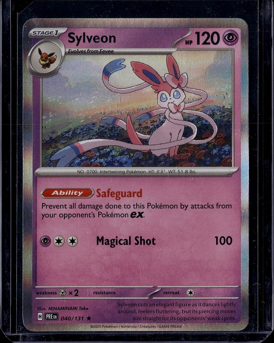 Sylveon 040/131 Scarlet & Violet Pokemon Card: This is a raw Sylveon Pokemon trading card from the Scarlet & Violet set (card #040/131). Sylveon is a Stage 1 Psychic-type Pokemon that evolves from Eevee, featuring 120 HP and the Safeguard
