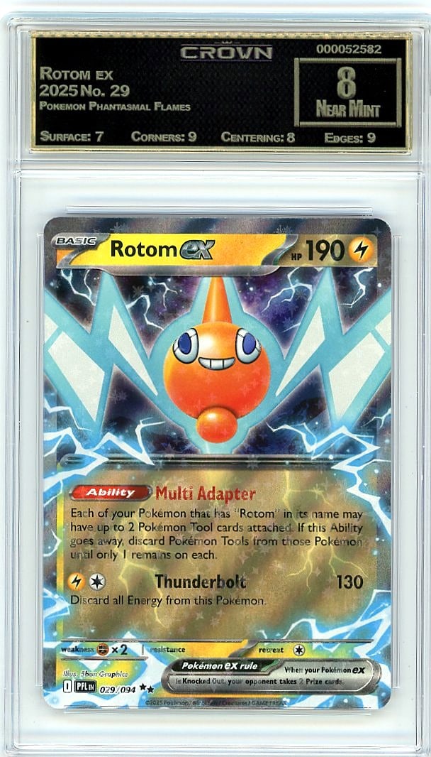 2025 Rotom ex Pokemon Phantasmal Flames #29: This 2025 Rotom ex Pokemon Phantasmal Flames card in Crown Grade 8.00 is a premium addition to any serious collector's portfolio. Rotom ex stands out as a key card within the Phantasmal Flames set,