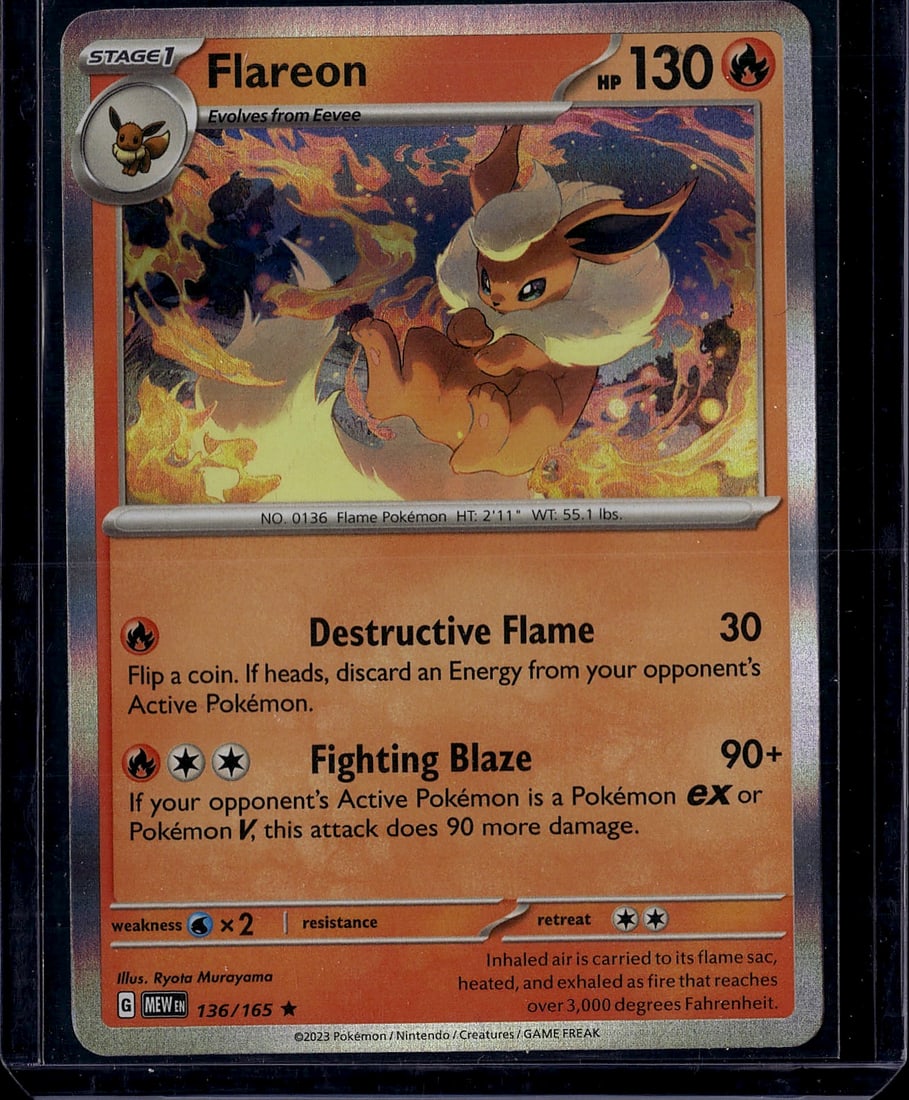 Flareon 0136 Pokemon Scarlet Violet Stage 1 Holo: This is a raw Flareon Pokemon Trading Card from the Scarlet & Violet set, card number 0136. A Stage 1 Fire-type evolution of Eevee, Flareon features vibrant full-art artwork depicting the flame