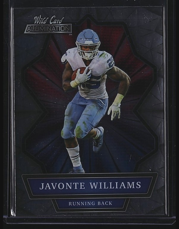 2021 Wild Card Alumination ABC-40 Javonte: 2021 Panini Absolute Javonte Williams rookie card #40. Features the Denver Broncos running back in action on a premium black-bordered card design. Williams is a down hill back improving every game wit