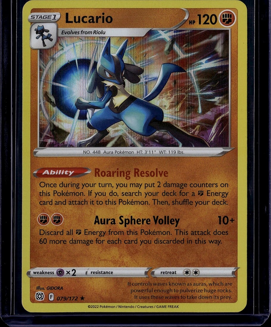 Lucario 079/172 Pokemon Card 2022 Stage 1 Aura: This is a 2022 Pokemon Trading Card Game Lucario card (No. 079/172) featuring the iconic Fighting-type Aura Pokemon. The card showcases Lucario as a Stage 1 evolution from Riolu with 120 HP and