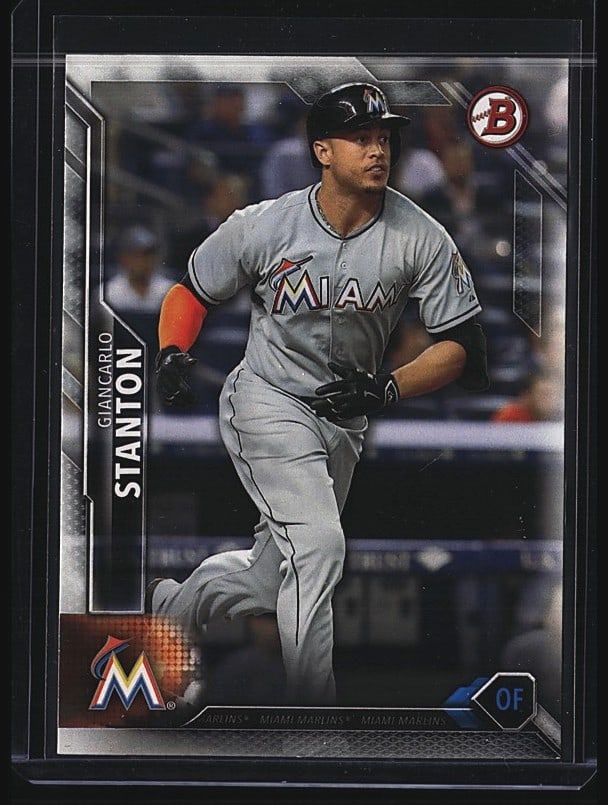 2014 Topps Bowman Chrome Giancarlo Stanton Miami: Raw 2014 Topps Bowman Chrome baseball card featuring Giancarlo Stanton of the Miami Marlins. Card shows the player in action in his Marlins uniform. This is an ungraded single in mint condition.