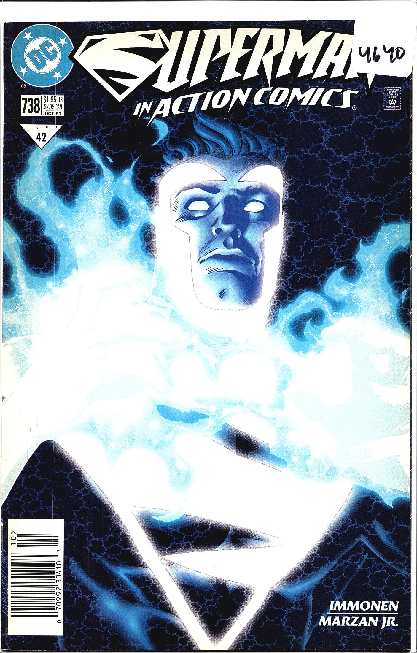 Superman in Action Comics #738 DC 1997 Electric: Superman in Action Comics #738, published by DC Comics in October 1997. This issue features artwork by Immonen and Marzan Jr., as credited on the cover. The cover depicts Superman in his electric blue