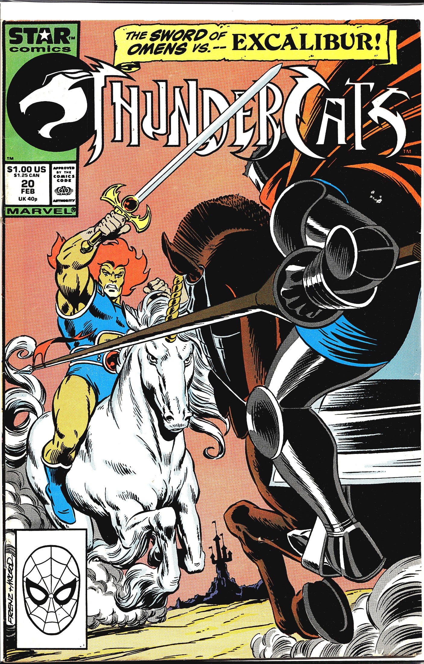1988 Marvel Star Comics ThunderCats #20 Comic: ThunderCats #20 published by Marvel's Star Comics imprint, cover dated February 1988, priced at $1.00 US / $1.25 CAN / 40p UK. The cover features the headline 'The Sword of Omens vs. Excalibur!' and d