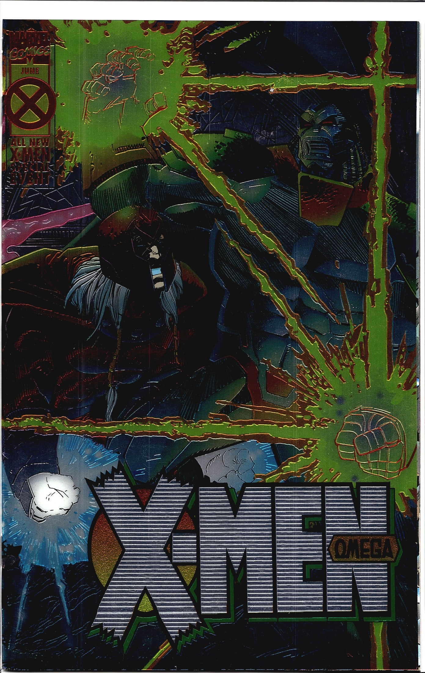 1995 Marvel Comics X-Men Omega #1 Chromium Foil: This is X-Men Omega, published by Marvel Comics in June 1995, serving as the concluding chapter of the 'Age of Apocalypse' crossover event - one of the most celebrated X-Men storylines of the 1990s. T