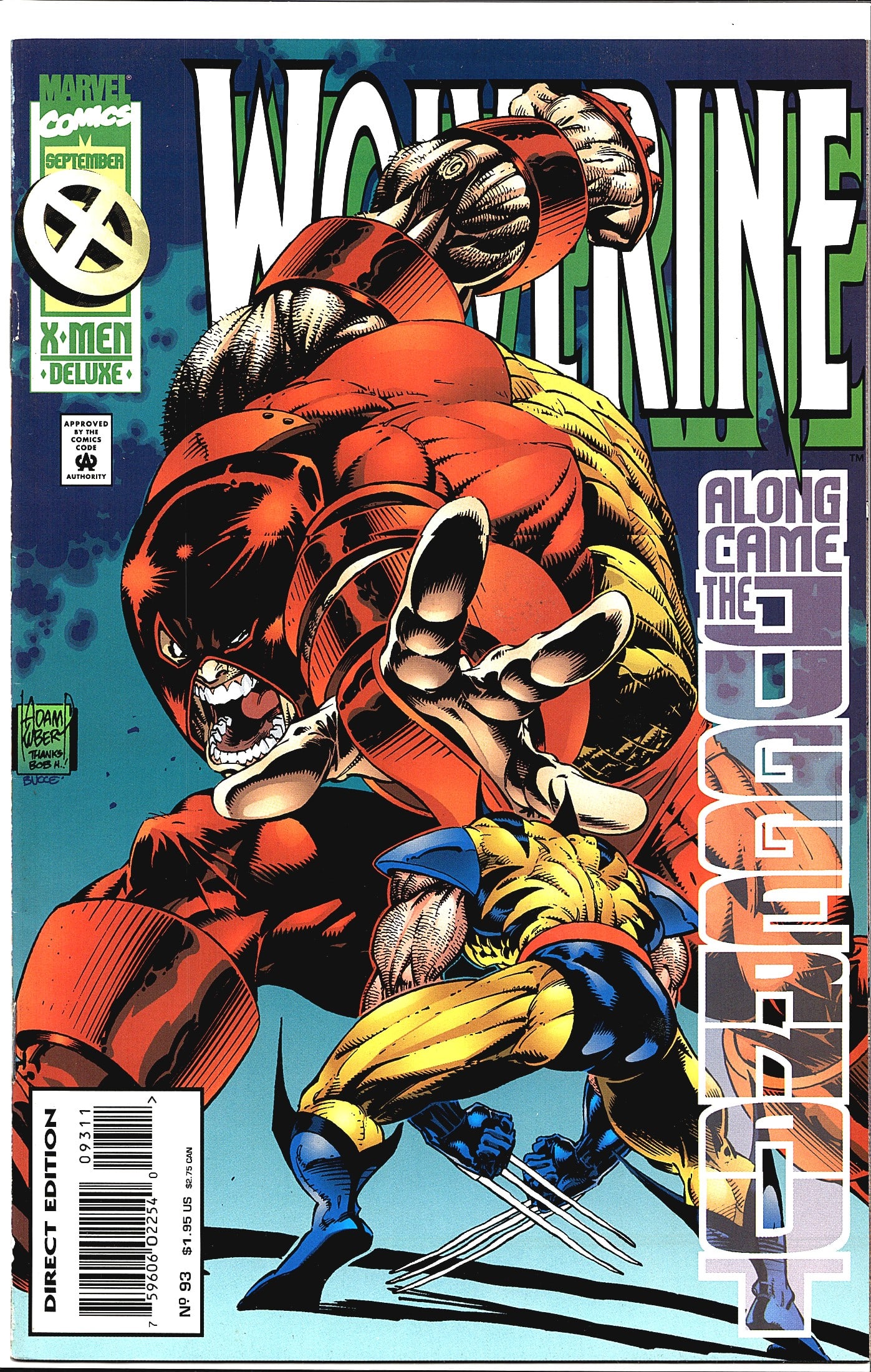 1995 Marvel Wolverine #93 Newsstand Edition: This is Wolverine #93 published by Marvel Comics, cover dated September 1995, part of the X-Men Deluxe line. The cover features a dramatic confrontation between Wolverine in his classic blue-and-yello
