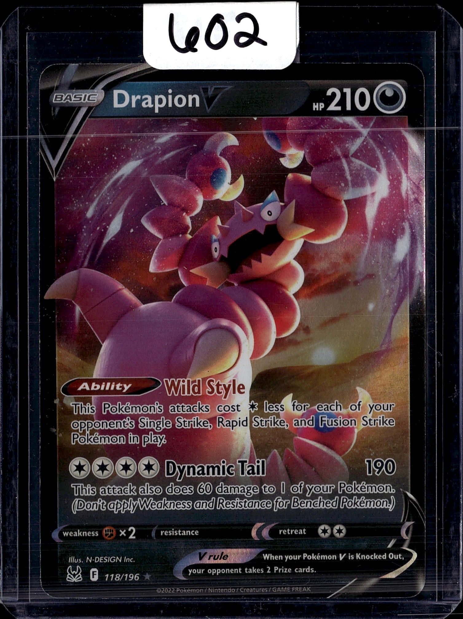 Drapion V 118/196 Pokemon Sword & Shield Card: This is a Drapion V Pokemon trading card from the Sword & Shield expansion set, card number 118/196. The card features stunning artwork of the formidable Dragon-type Pokemon with 210 HP. Drapion V is