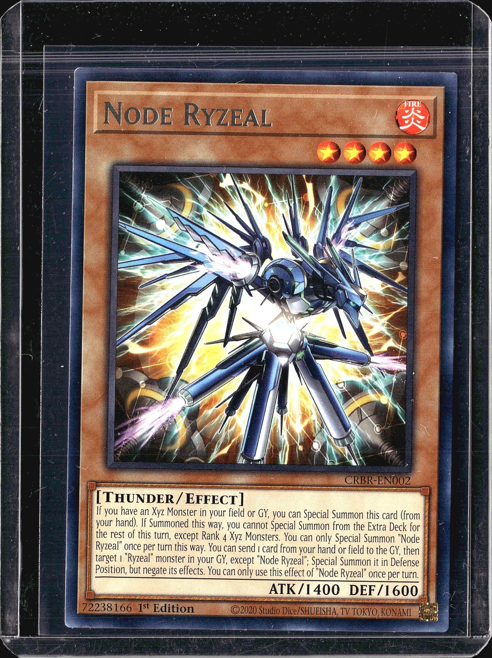 2020 Konami Crossover Breakers Node Ryzeal: This listing features Node Ryzeal (CRBR-EN002), a Fire-attribute Thunder/Effect Monster from the Yu-Gi-Oh! Trading Card Game, printed in 1st Edition. The card carries ATK/1400 and DEF/1600 stats and