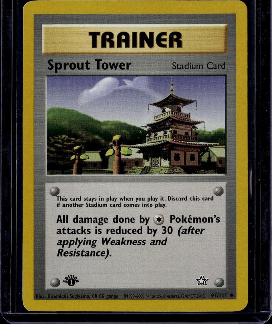 Sprout Tower Stadium Card Pokemon Gym Heroes: This is an authentic Sprout Tower Stadium card from the Pokemon Gym Heroes set, released in 2000 by The Pokemon Company. The card features beautiful artwork depicting the iconic Sprout Tower location