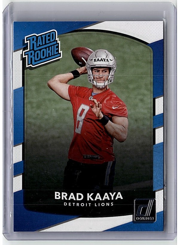 2017 Panini Rookies & Stars Brad Kaaya #225: This is a 2016 Panini Rookies Brad Kaaya raw sports card featuring the Detroit Lions quarterback in his iconic red team jersey. The card showcases excellent photography with Kaaya captured mid-action