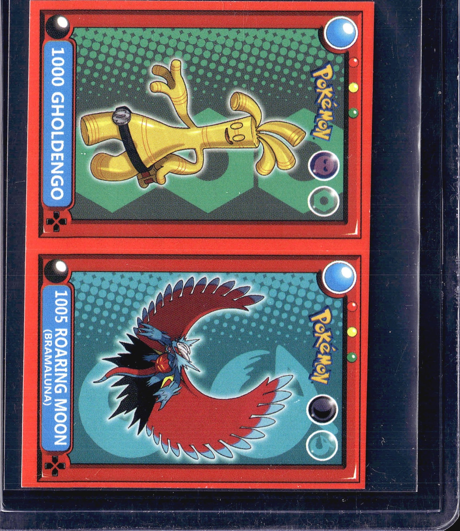 2-Card Lot Vintage Pokemon Trading Cards TCG: This lot contains two Pokemon-themed trading cards displayed in what appears to be a red handheld electronic game-style device frame. The top card features a yellow character with articulated limbs,
