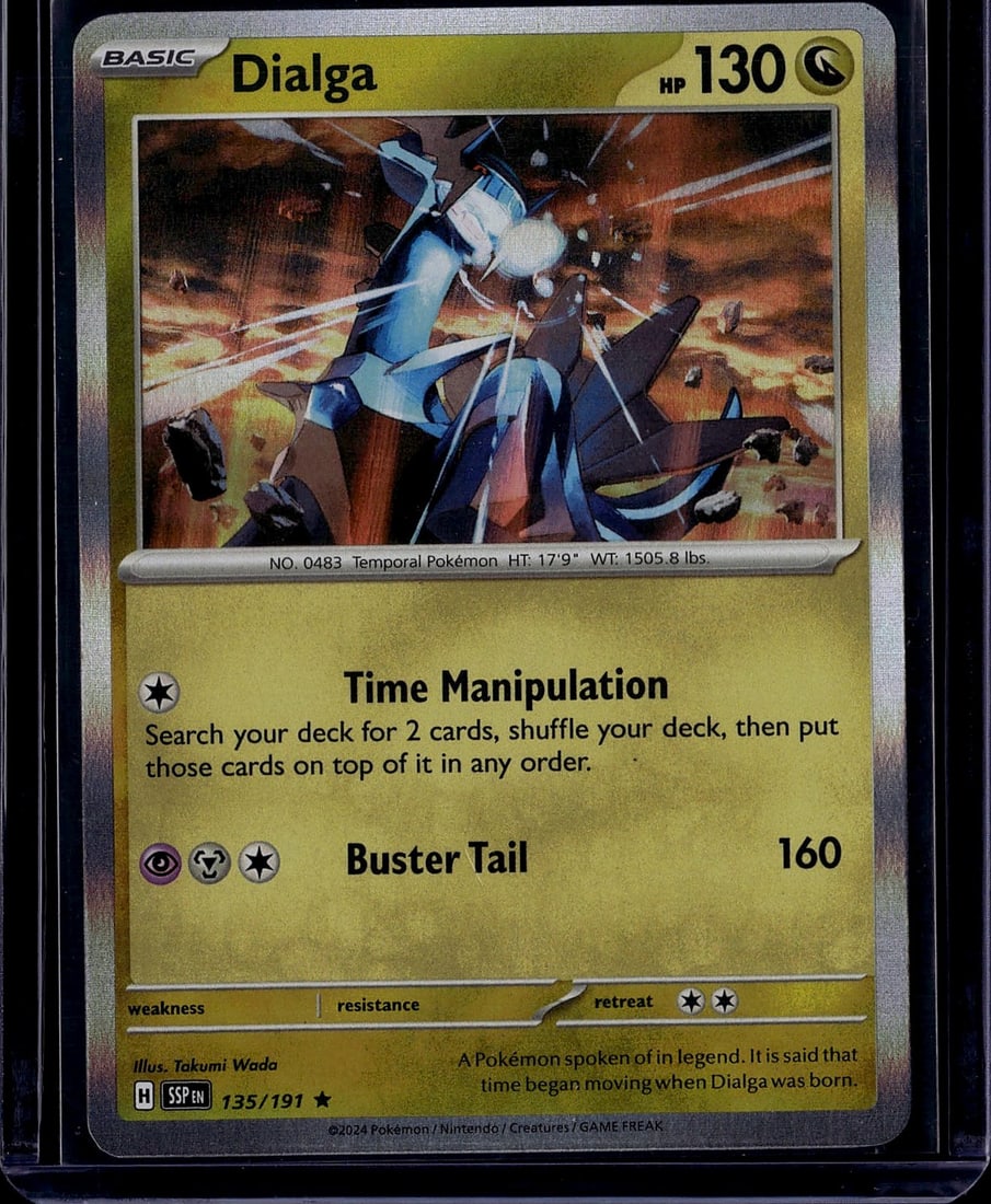 2024 Dialga 135/191 Scarlet Violet Surging: Dialga (135/191) is a Holo Rare Basic Dragon-type Pokemon card from the Scarlet & Violet: Surging Sparks set, released November 8, 2024. It features 130 HP and a retreat cost of 2 Colorless energy.