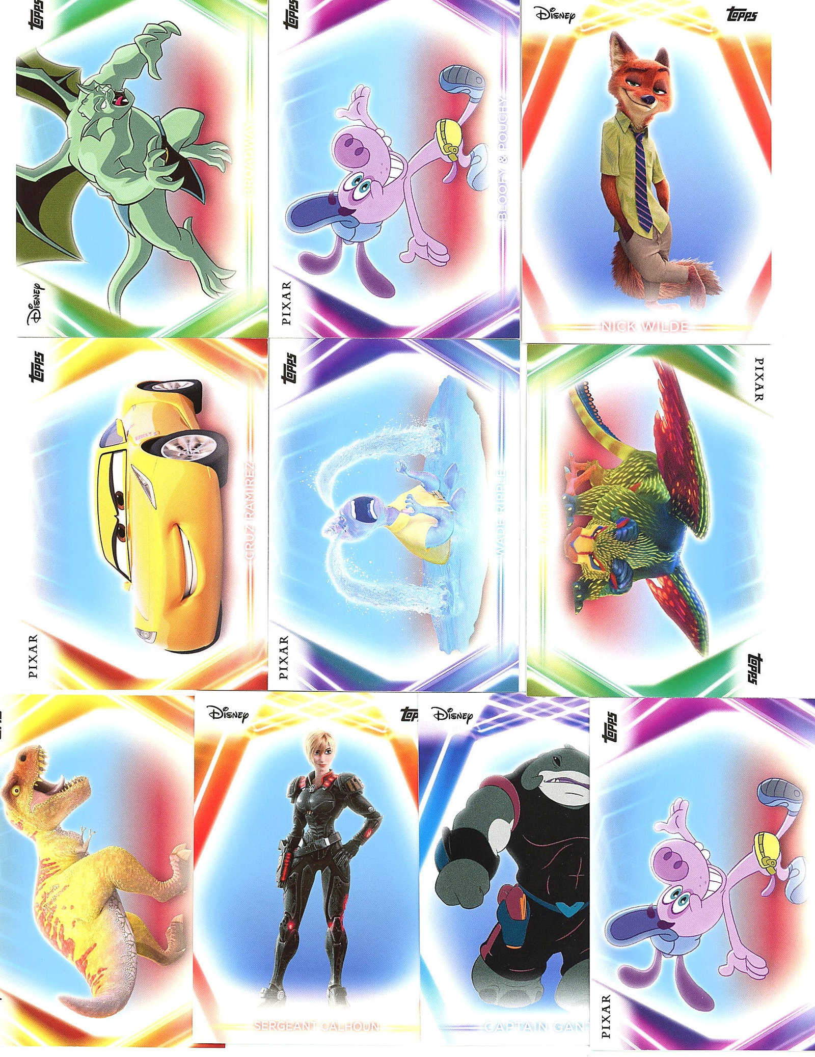 12-Card Lot Modern Disney Trading Cards TCG Mix: This lot contains 12 modern Disney trading cards from Topps, featuring characters from various Disney and Pixar franchises including animated films and recent releases. The cards showcase full-color