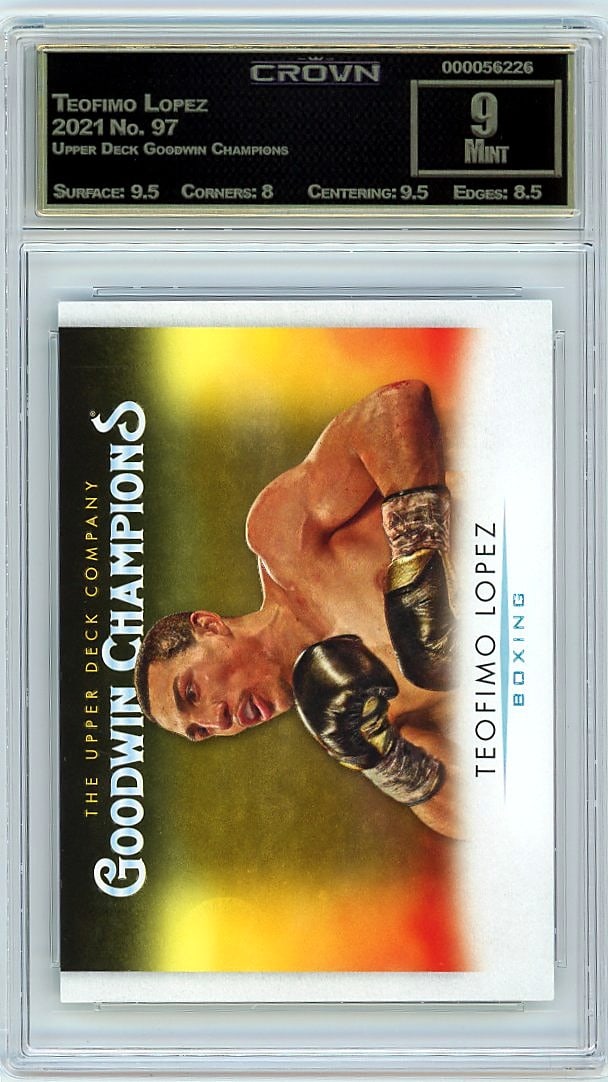2021 Teofimo Lopez Upper Deck Goodwin Champions: This is a 2021 Teofimo Lopez card from the Upper Deck Goodwin Champions set, card number 97. It's a professionally graded and authenticated collectible that captures Lopez during an important period i