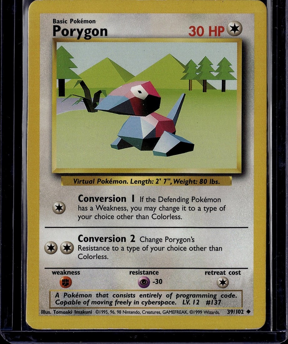 Porygon 39/102 Base Set Pokemon Card 1999: This is an authentic Porygon Pokemon Trading Card from the iconic Base Set, released in 1999. Card number 39/102, this Basic Pokemon features the distinctive geometric art style characteristic of