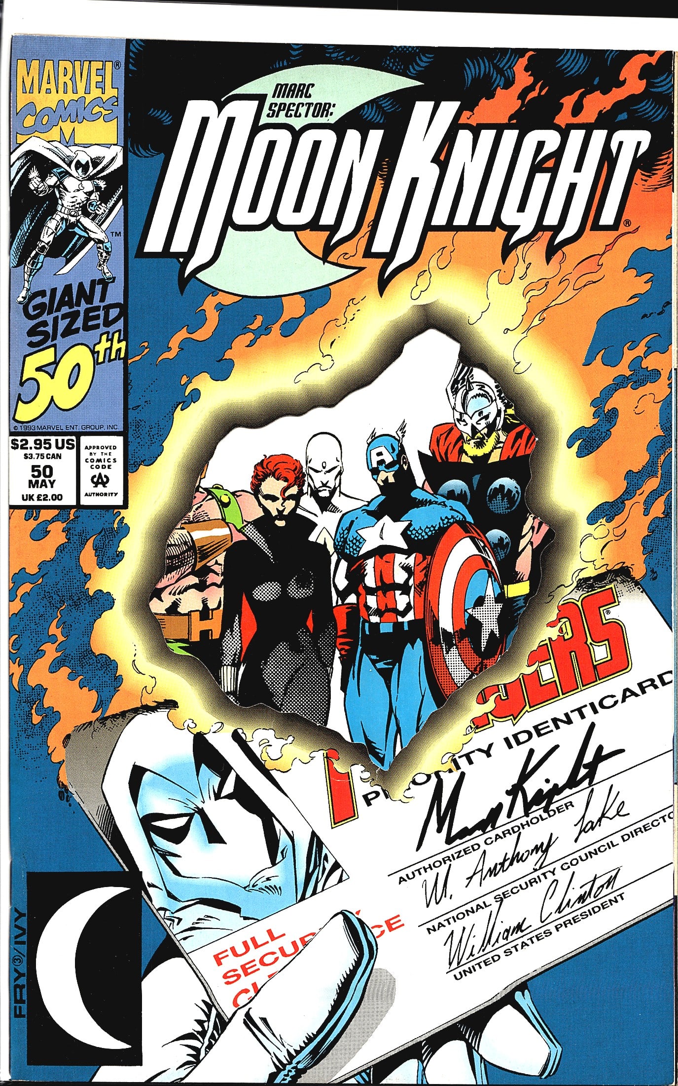 1993 Marvel Marc Spector Moon Knight #50 Die Cut: This is issue #50 of Marvel Comics' Marc Spector: Moon Knight, published in May 1993. It is a Giant-Sized special celebrating the 50th issue milestone, priced at $2.95 US. The cover features Moon Knig