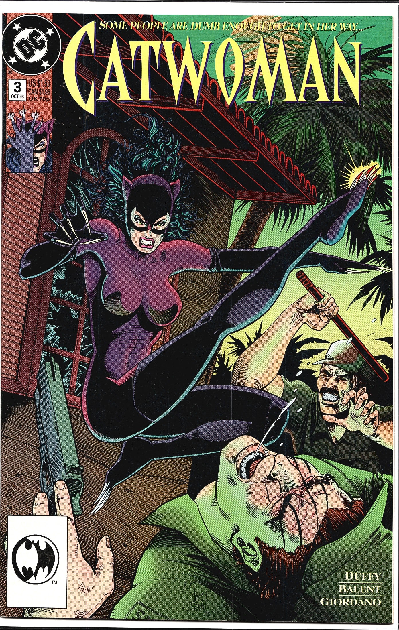 1993 DC Comics Catwoman #3 Comic Book: Catwoman #3, published by DC Comics in October 1993, is part of the ongoing Catwoman solo series written by Jo Duffy with art by Jim Balent and inks by Dick Giordano. The cover features Catwoman in he