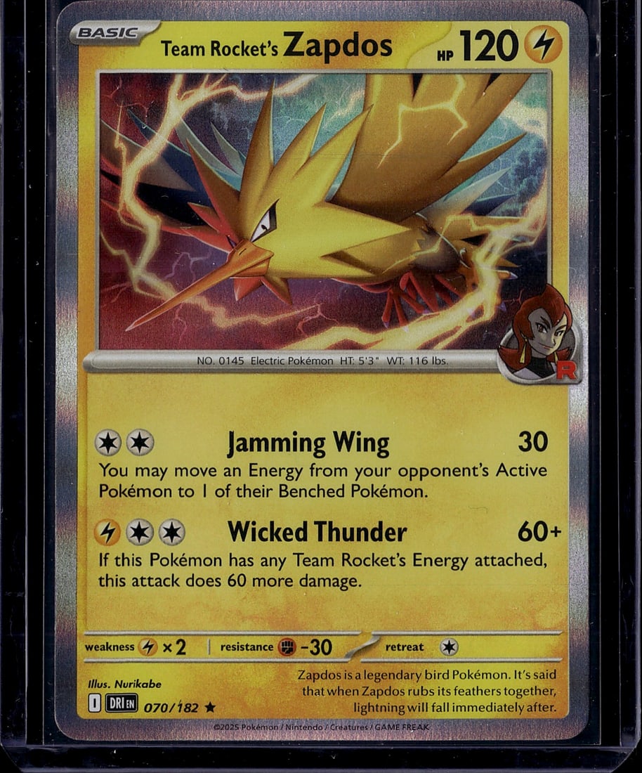 Team Rocket's Zapdos 070/182 Pokemon Card: This is a Team Rocket's Zapdos Pokemon trading card from the modern era, featuring the legendary Electric-type bird Pokemon. Card number 070/182, this Basic Pokemon boasts 120 HP and comes with two